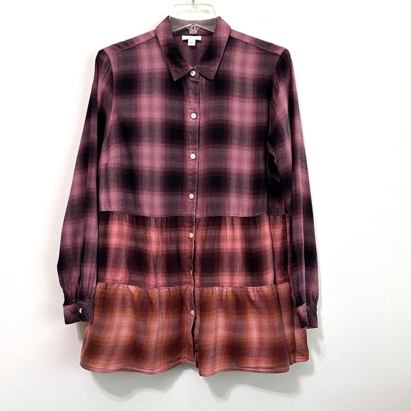 J Jill Cotton Ombre Plaid Shirt Tunic M Long Sleeve Button Front Fall Peplum Top - Picture 1 of 10